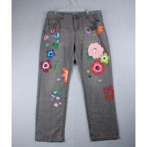 Misslook Denim Black Distressed Jeans 3XL Women's Decorative Floral Painting